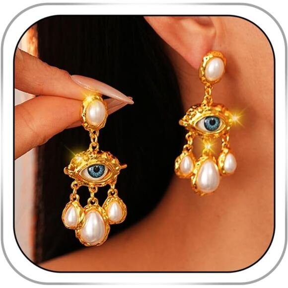 🧿 Gold Evil Eye Dangle Earrings | Lightweight Statement Drop Earrings - Picture 3 of 7